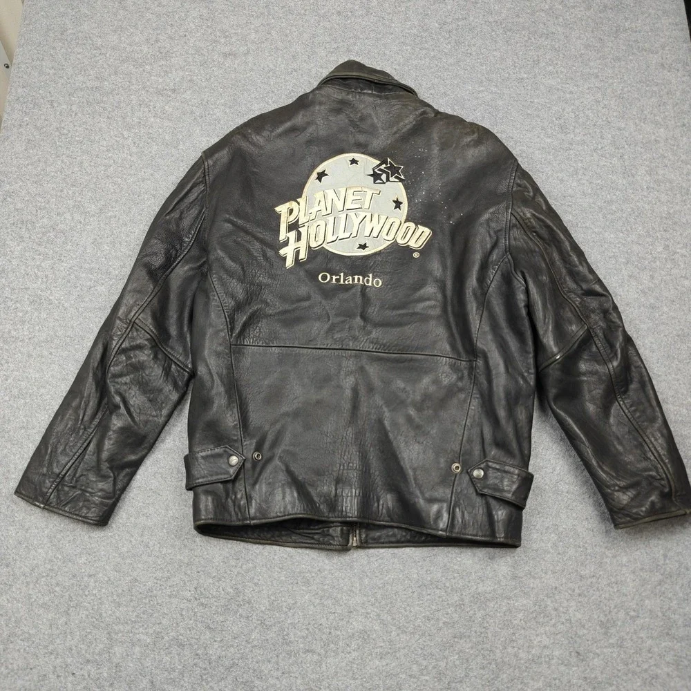 Vintage Planet Hollywood Jacket Mens‎ Medium Black Leather Orlando Back Logo